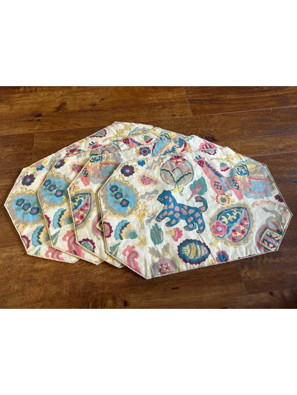 Set of 4 Vintage Octagonal Quilted Fabric Placemats with Colorful Animal and Gea
